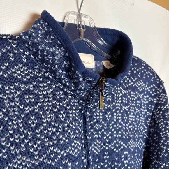 Stan Herman Womens L Blue White Fair Isle Print Zip Up Fleece Sweater Jacket - Picture 3 of 7